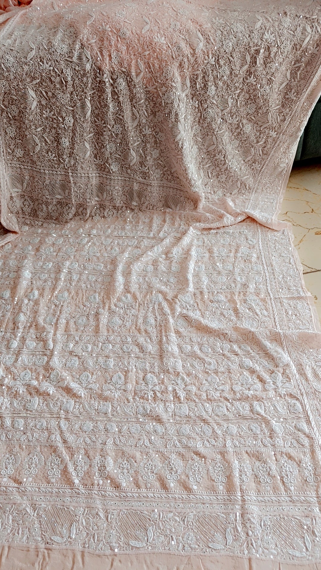 Ruhani Soft Peach 2 and 3 taar Chikankari Masterpiece Saree